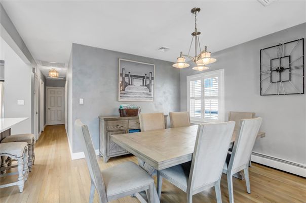 Dining room, Interior, Pendant Lights, Wood Texture Flooring