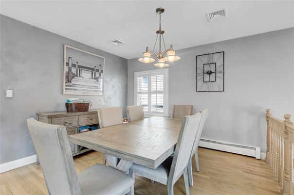 Dining room, Interior, Pendant Lights, Wood Texture Flooring