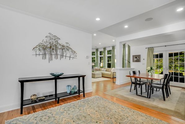 Dining room, Interior, Recessed Lighting, Wood Texture Flooring