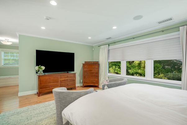Bedroom, Interior, Recessed Lighting, Wood Texture Flooring