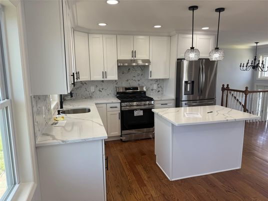 Interior, Kitchen, Pendant Lights, Recessed Lighting, Stainless Steel Appliances, Wood Texture Flooring