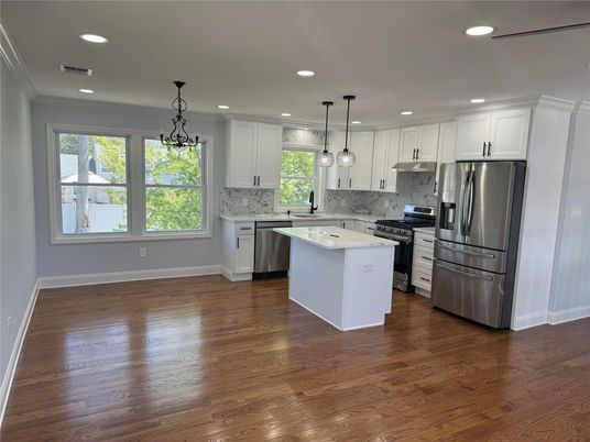 Interior, Kitchen, Pendant Lights, Recessed Lighting, Stainless Steel Appliances, Wood Texture Flooring