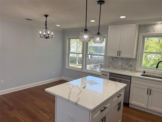 Chandelier, Interior, Kitchen, Pendant Lights, Recessed Lighting, Wood Texture Flooring
