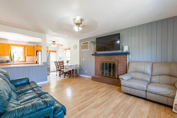 Dining room, Fireplace, Interior, Kitchen, Living room, Wood Texture Flooring