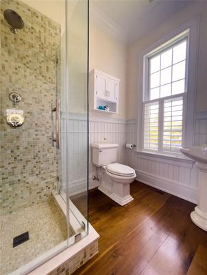 Bathroom, Glass Shower, Interior, Wood Texture Flooring