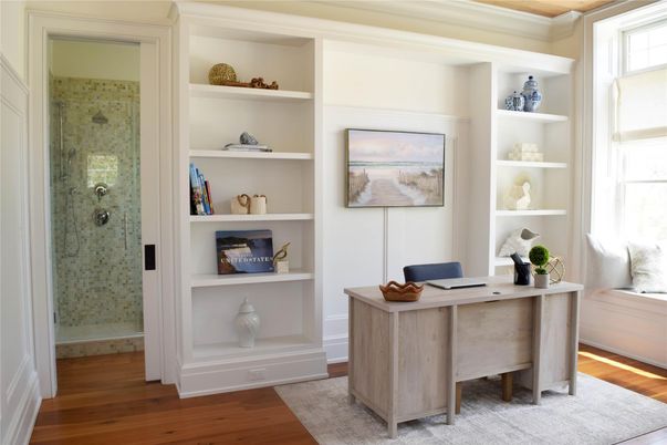 Bathroom, Glass Shower, Home Office, Interior, Wood Texture Flooring