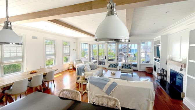 Dining room, Fireplace, Interior, Living room, Pendant Lights, Recessed Lighting, Wooden Beams, Wood Texture Flooring