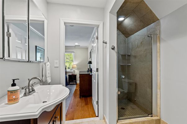 Bathroom, Glass Shower, Interior, Recessed Lighting, Wood Texture Flooring