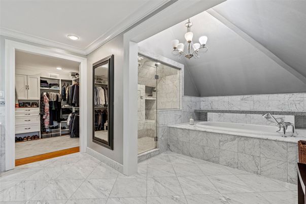 Bathroom, Chandelier, Glass Shower, Interior, Marble, Marble Walls, Recessed Lighting, Walk-in Closets