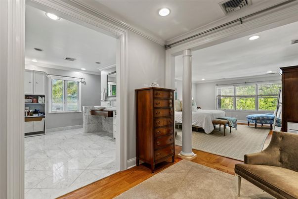 Bedroom, Interior, Marble, Recessed Lighting, Wood Texture Flooring
