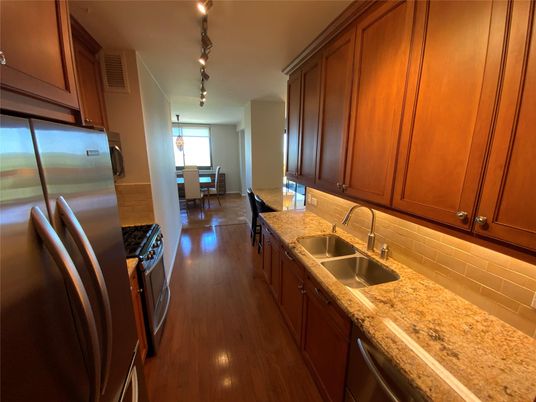Dining room, Interior, Kitchen, Pendant Lights, Stainless Steel Appliances, Wood Texture Flooring
