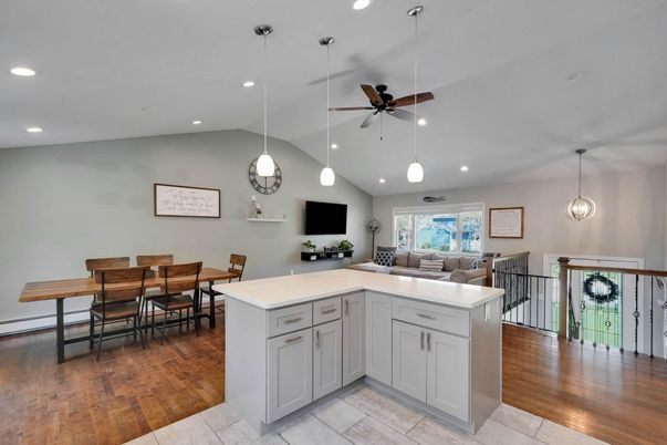 Dining room, Interior, Kitchen, Living room, Pendant Lights, Recessed Lighting, Wood Texture Flooring