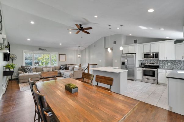 Dining room, Interior, Kitchen, Living room, Pendant Lights, Recessed Lighting, Stainless Steel Appliances, Wood Texture Flooring