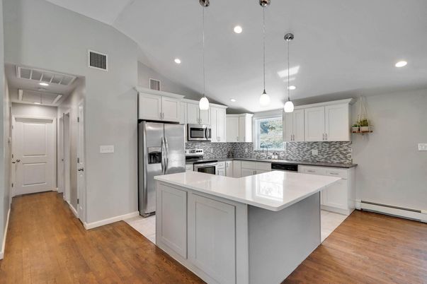 Interior, Kitchen, Pendant Lights, Recessed Lighting, Stainless Steel Appliances, Wood Texture Flooring