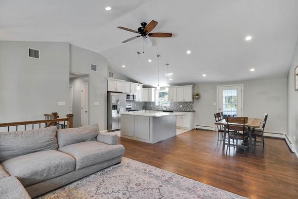 Dining room, Interior, Kitchen, Pendant Lights, Recessed Lighting, Stainless Steel Appliances, Wood Texture Flooring