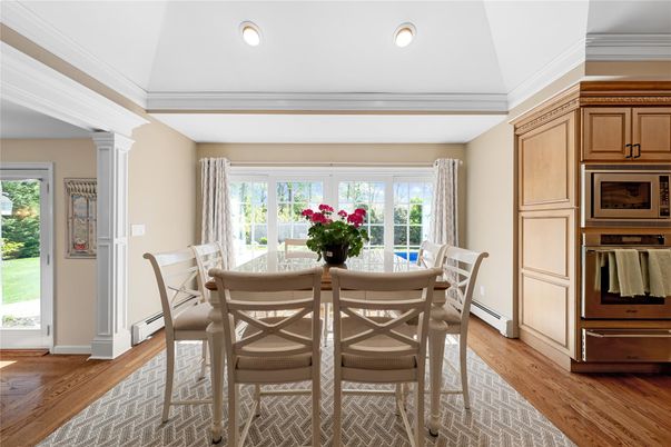 Dining room, Interior, Recessed Lighting, Wood Texture Flooring