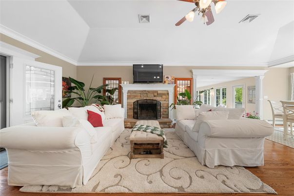 Dining room, Fireplace, Interior, Living room, Wood Texture Flooring