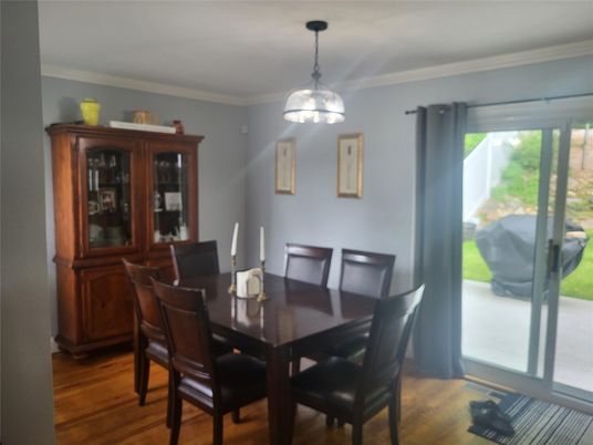 Dining room, Interior, Pendant Lights, Wood Texture Flooring