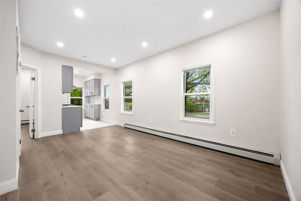 Empty room, Interior, Kitchen, Recessed Lighting, Wood Texture Flooring