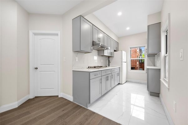 Interior, Kitchen, Marble, Recessed Lighting, Wood Texture Flooring