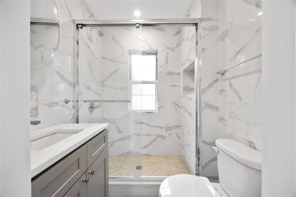 Bathroom, Glass Shower, Interior, Marble Walls, Recessed Lighting
