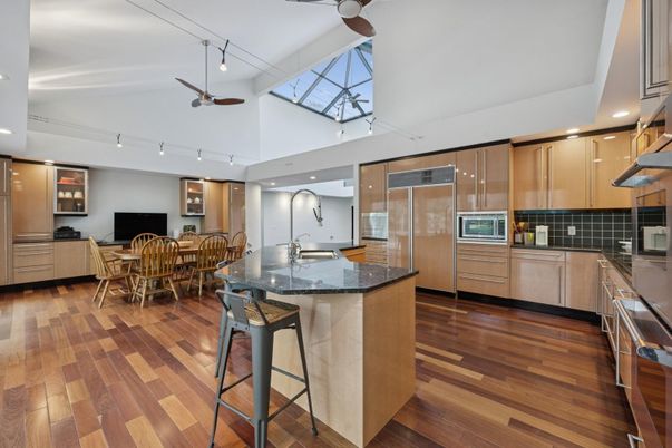 Dining room, Interior, Kitchen, Recessed Lighting, Stainless Steel Appliances, Wood Texture Flooring