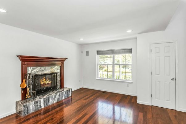Empty room, Fireplace, Interior, Recessed Lighting, Wood Texture Flooring