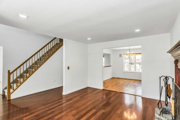 Chandelier, Empty room, Interior, Recessed Lighting, Wood Texture Flooring
