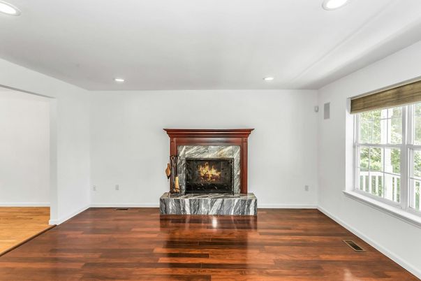 Empty room, Fireplace, Interior, Recessed Lighting, Wood Texture Flooring