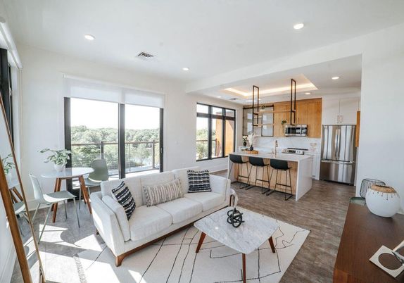 Dining room, Interior, Kitchen, Living room, Recessed Lighting, Stainless Steel Appliances, Wood Texture Flooring