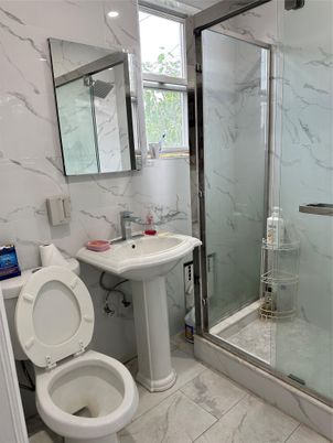 Bathroom, Glass Shower, Interior, Marble Walls, Recessed Lighting
