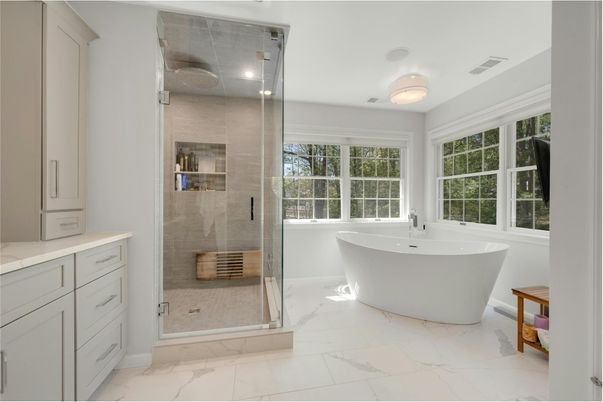 Bathroom, Free Standing Baths, Glass Shower, Interior, Marble