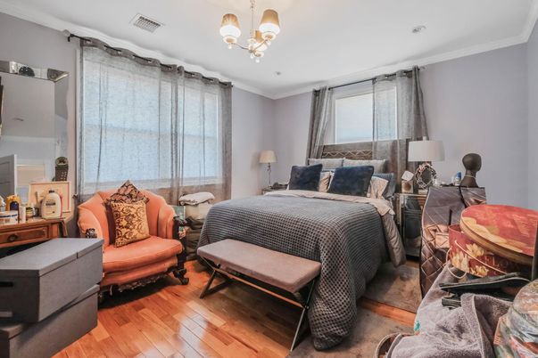 Bedroom, Chandelier, Interior, Wood Texture Flooring