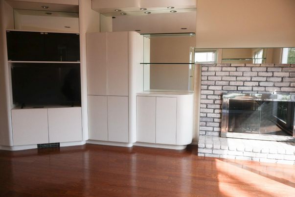 Fireplace, Interior, Washer, Wood Texture Flooring