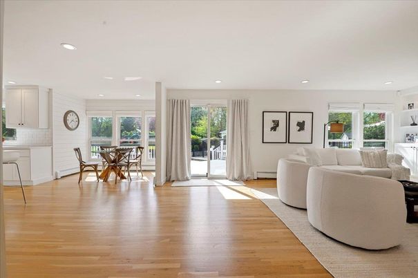 Dining room, Interior, Living room, Recessed Lighting, Wood Texture Flooring