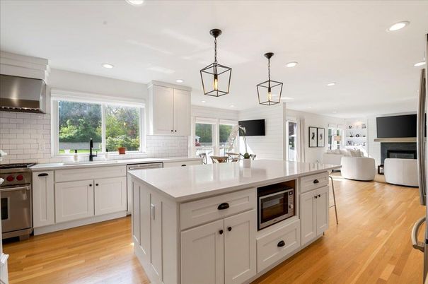 Fireplace, Interior, Kitchen, Pendant Lights, Recessed Lighting, Stainless Steel Appliances, Wood Texture Flooring