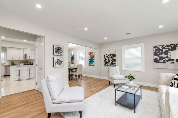 Dining room, Interior, Kitchen, Living room, Recessed Lighting, Wood Texture Flooring