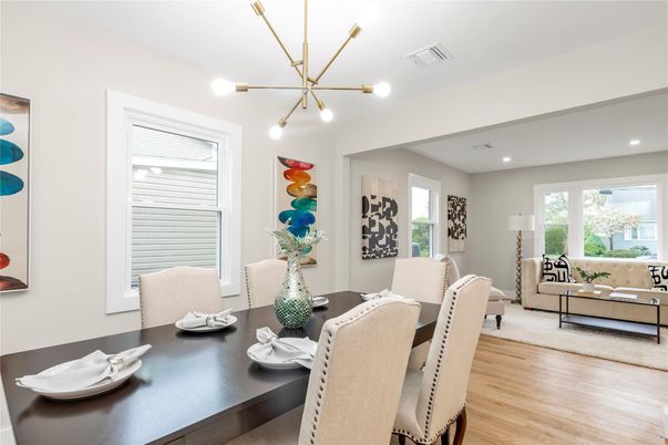 Dining room, Interior, Living room, Pendant Lights, Recessed Lighting, Wood Texture Flooring