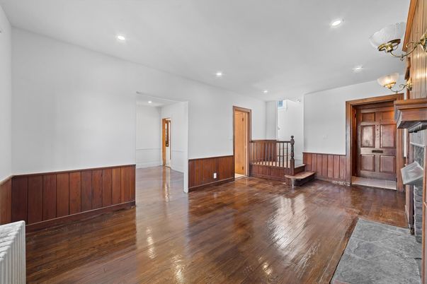 Empty room, Interior, Kitchen, Recessed Lighting, Wood Texture Flooring