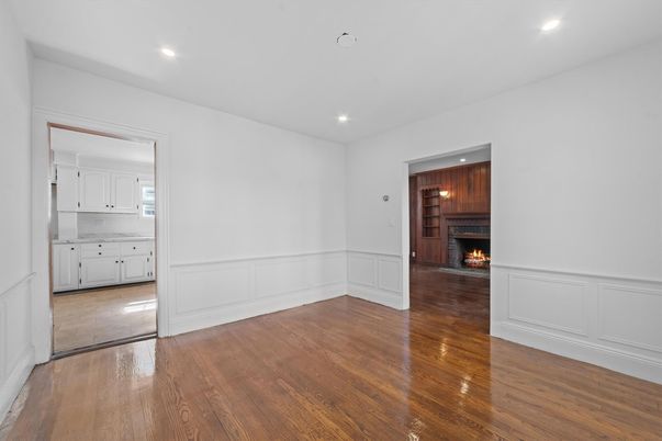 Empty room, Fireplace, Interior, Recessed Lighting, Wood Texture Flooring