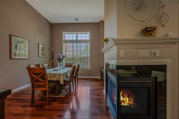 Dining room, Fireplace, Interior, Wood Texture Flooring