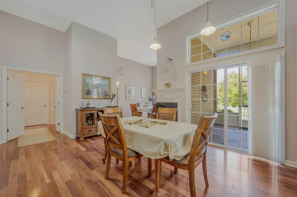Dining room, Fireplace, Interior, Pendant Lights, Wood Texture Flooring