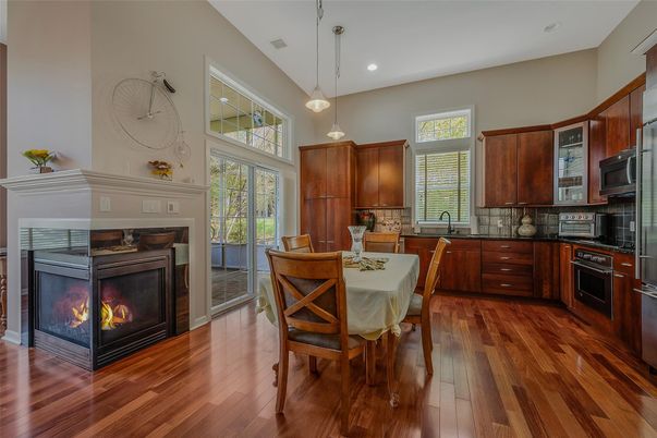 Dining room, Fireplace, Interior, Kitchen, Pendant Lights, Recessed Lighting, Wood Texture Flooring