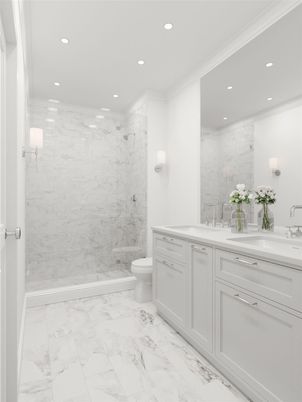 Bathroom, Glass Shower, Interior, Marble, Marble Walls, Recessed Lighting
