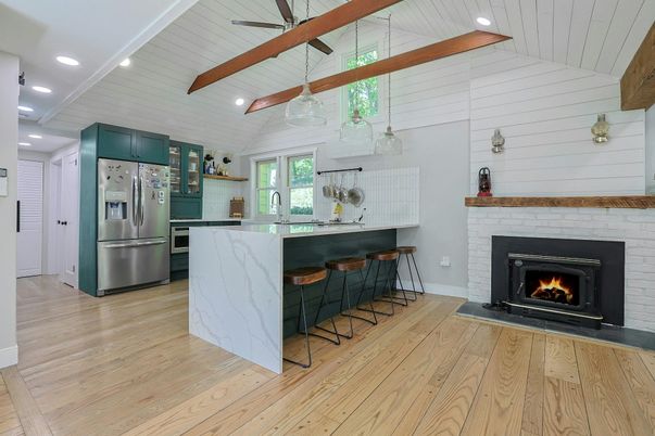 Fireplace, Interior, Kitchen, Pendant Lights, Recessed Lighting, Stainless Steel Appliances, Wooden Beams, Wood Texture Flooring