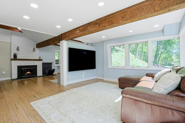 Fireplace, Interior, Living room, Recessed Lighting, Wooden Beams, Wood Texture Flooring