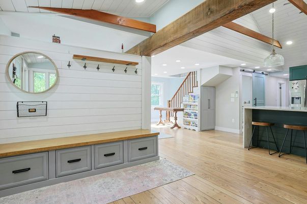 Interior, Kitchen, Pendant Lights, Recessed Lighting, Wooden Beams, Wood Texture Flooring