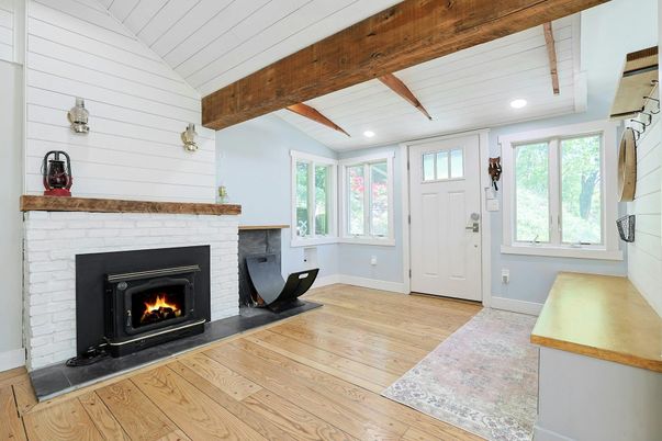 Fireplace, Interior, Recessed Lighting, Wooden Beams, Wood Texture Flooring