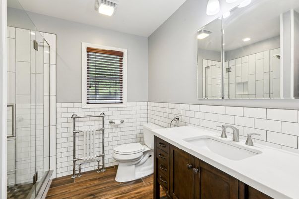 Bathroom, Glass Shower, Interior, Recessed Lighting, Wood Texture Flooring