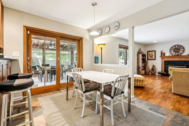 Dining room, Fireplace, Interior, Pendant Lights, Recessed Lighting, Wood Texture Flooring